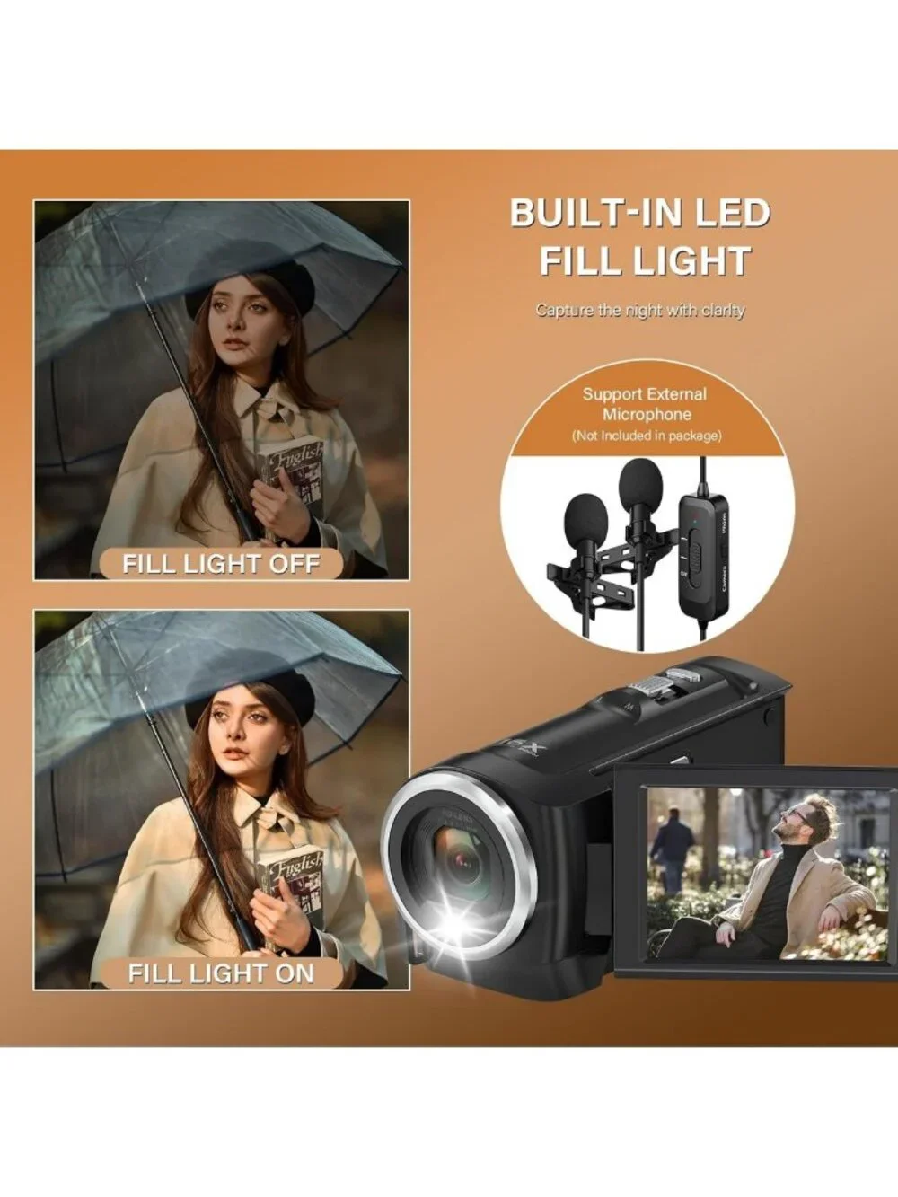 QHD 2.7K Camcorder with 16X Zoom, LED Light, 32GB SD Card & 2 Batteries